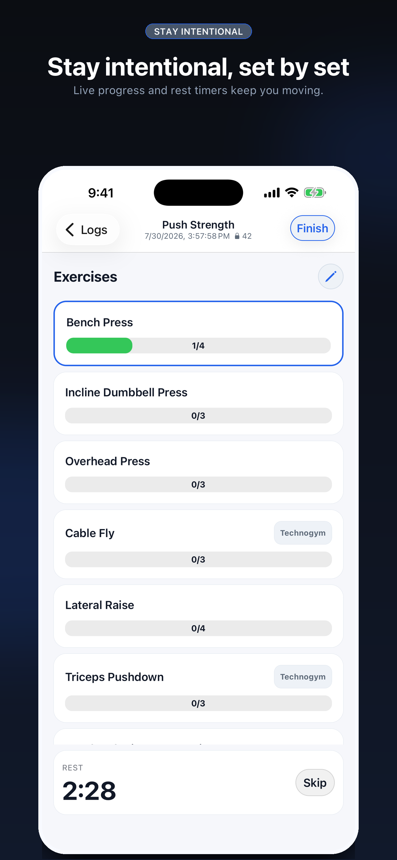An active workout in Stay Intentional, showing exercise progress and completed sets.