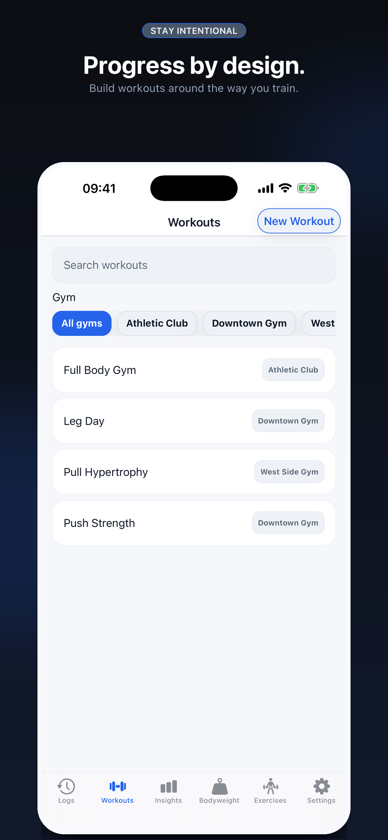 A list of workout templates in Stay Intentional.